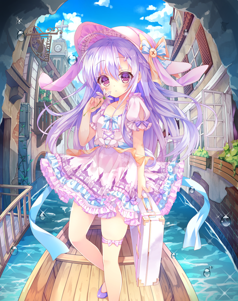 Anime picture 1200x1517 with original kinokomushi single long hair tall image looking at viewer blush purple eyes white hair girl dress flower (flowers) hat frills bubble (bubbles) watercraft suitcase boat