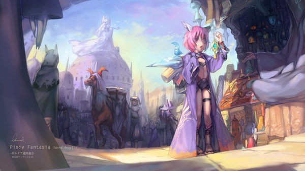 Anime picture 1819x1024 with original pixiv fantasia pixiv fantasia sword regalia observerz highres short hair open mouth blonde hair wide image signed animal ears pink hair long sleeves pink eyes cat ears city girl navel animal boots