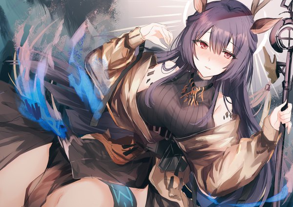 Anime picture 1300x919 with arknights tsukinogi (arknights) kinona (kino10) single long hair looking at viewer blush fringe breasts open mouth hair between eyes red eyes bare shoulders holding animal ears payot purple hair long sleeves horn (horns) off shoulder