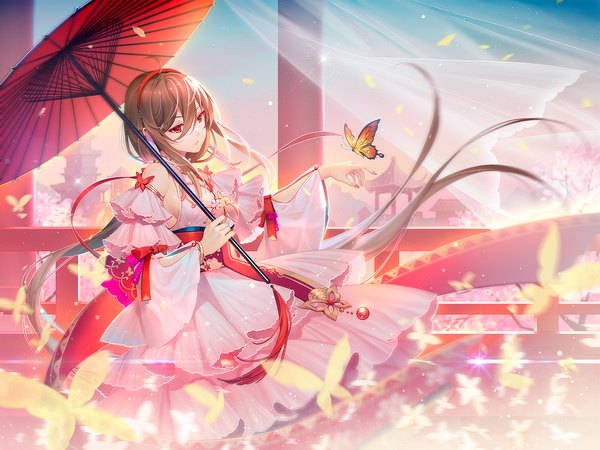 Anime picture 1500x1125 with vocaloid vocaloid china yuezheng ling tidsean single long hair blush fringe hair between eyes red eyes brown hair standing holding looking away ahoge nail polish fingernails wind blurry mole