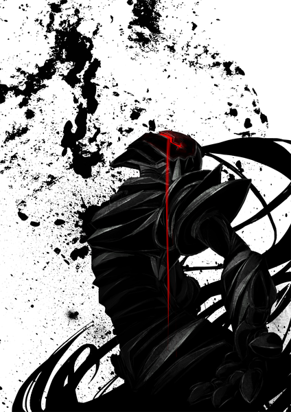 Anime picture 1240x1754 with fate (series) fate/zero type-moon berserker (fate/zero) single tall image simple background white background profile from below glowing monochrome glowing eye (eyes) spot color boy gloves armor