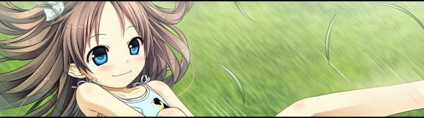 Anime picture 2560x715 with monobeno sawai natsuha cura long hair blush highres blue eyes smile brown hair wide image twintails game cg loli girl