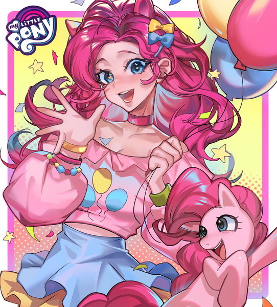 Anime picture 4700x5200 with my little pony pinkie pie mato-c single long hair tall image looking at viewer blush highres open mouth blue eyes standing bare shoulders holding animal ears pink hair absurdres cleavage long sleeves :d