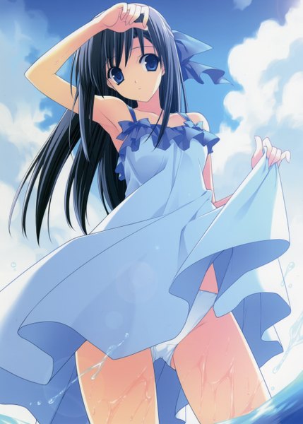 Anime picture 3949x5519 with suzuhira hiro single long hair tall image highres blue eyes light erotic black hair absurdres sky scan girl dress underwear panties bow hair bow water sundress blue dress
