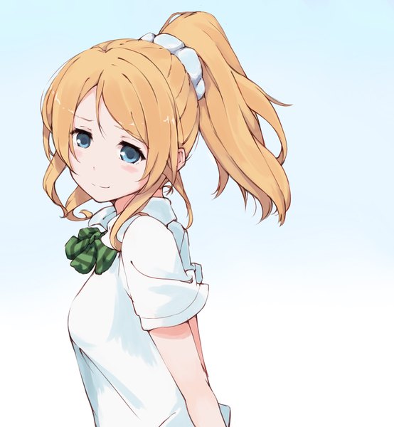 Anime picture 1421x1538 with love live! school idol project sunrise (studio) love live! ayase eli asterism single long hair tall image looking at viewer blush blue eyes simple background ponytail light smile orange hair hands behind back girl shirt hairband