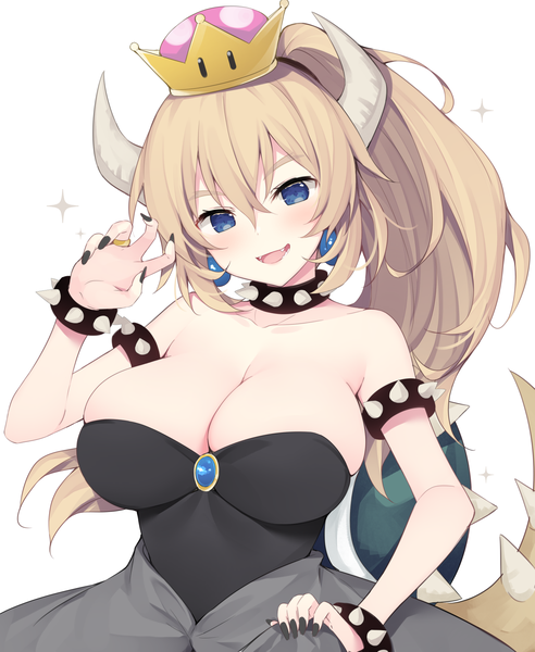 Anime picture 1365x1665 with super mario bros. new super mario bros. u deluxe bowsette miko (royal milk) single long hair tall image looking at viewer blush fringe breasts open mouth blue eyes light erotic simple background blonde hair smile hair between eyes large breasts standing