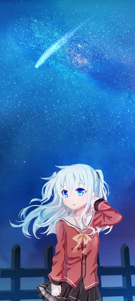 Anime picture 850x1893 with charlotte p.a. works tomori nao kuronekoshi single long hair tall image blue eyes standing looking away silver hair parted lips pleated skirt wind night two side up night sky adjusting hair shooting star constellation