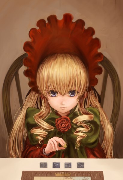 Anime picture 2048x2999 with rozen maiden shinku tsun (tsutaya01) single long hair tall image highres blue eyes simple background blonde hair sitting twintails realistic drill hair girl flower (flowers) bow rose (roses) bonnet