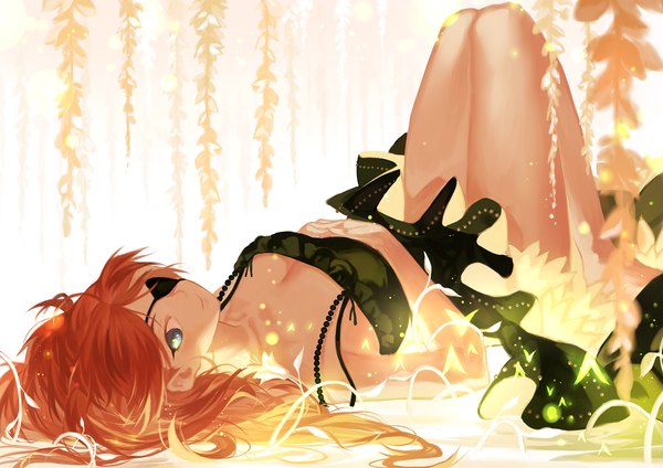 Anime picture 1920x1358 with neon genesis evangelion gainax soryu asuka langley shikinami asuka langley joseph lee single long hair looking at viewer highres blue eyes smile brown hair bent knee (knees) lying on back knees touching girl dress flower (flowers) insect
