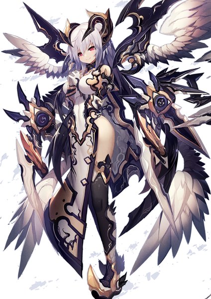Anime picture 1060x1500 with original mamuru single long hair tall image looking at viewer breasts light erotic smile red eyes white hair horn (horns) demon girl hands clasped smirk multiple wings girl dress weapon wings