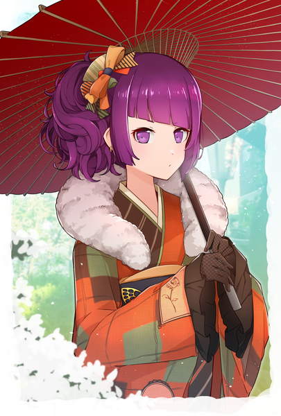 Anime picture 2756x4078 with idolmaster idolmaster shiny colors tanaka mamimi guchikava single tall image looking at viewer blush fringe highres short hair purple eyes holding payot purple hair upper body blunt bangs long sleeves traditional clothes japanese clothes
