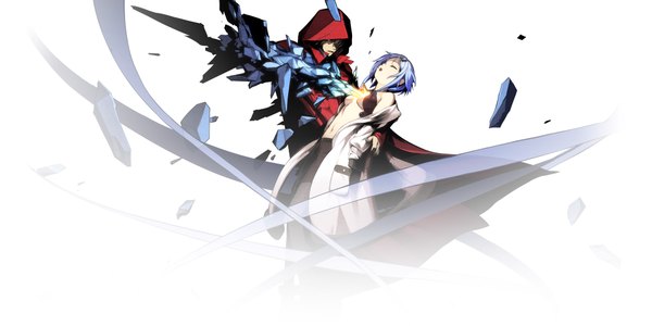 Anime picture 2000x1000 with guilty crown guilty crown lost christmas production i.g carol (guilty crown) scrooge (guilty crown) redjuice highres short hair red eyes brown hair wide image blue hair eyes closed girl boy hood cloak huge weapon