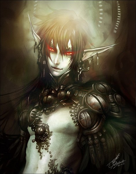 Anime picture 802x1022 with tagme (artist) single long hair tall image looking at viewer red eyes brown hair signed parted lips head tilt pointy ears piercing glowing dated ear piercing eyebrows glowing eye (eyes) demon boy earrings