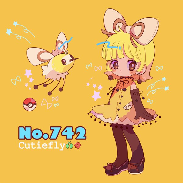 Anime picture 1923x1923 with pokemon pokemon sm nintendo cutiefly mameeekueya single highres short hair blonde hair simple background standing brown eyes full body character names yellow background personification blush stickers gen 7 pokemon pokemon number girl