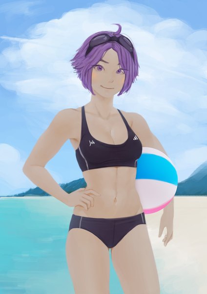 Anime picture 2480x3508 with original fore farlone (jubi) jubi (regiana) single tall image looking at viewer highres short hair breasts light erotic smile standing purple eyes signed sky purple hair cloud (clouds) ahoge hand on hip beach