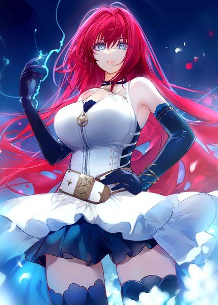 Anime picture 939x1315 with fate (series) fate/grand order mahou tsukai no yoru aozaki aoko kinokohime single long hair tall image looking at viewer fringe breasts blue eyes standing bare shoulders red hair arm up hand on hip electricity girl gloves