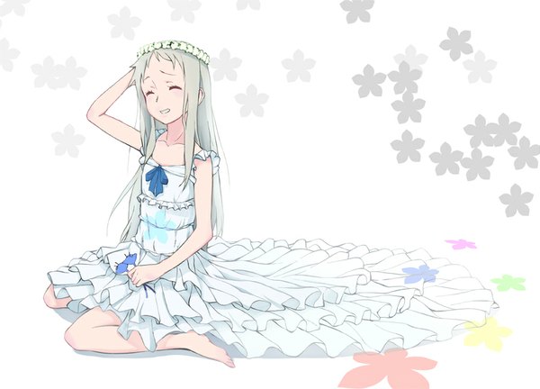 Anime picture 900x648 with ano hi mita hana no namae wo bokutachi wa mada shiranai a-1 pictures honma meiko kazufumi (kaz-newt) single long hair blush sitting full body eyes closed barefoot grey hair sleeveless hand on head floral background girl dress flower (flowers) frills sundress