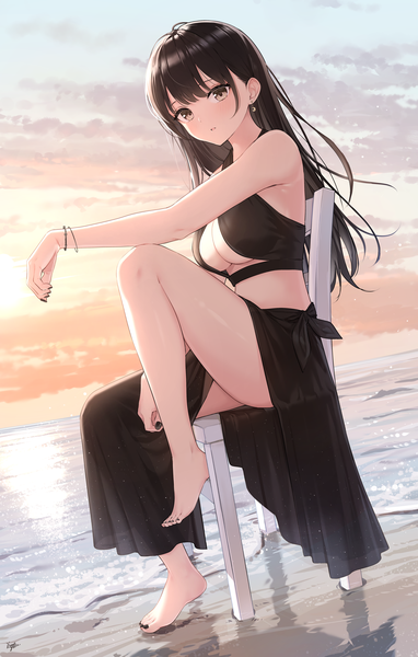Anime picture 3463x5434 with original takenoko no you single long hair tall image looking at viewer blush fringe highres breasts light erotic black hair sitting bare shoulders brown eyes signed payot absurdres sky cleavage