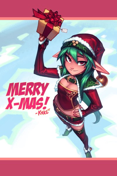 Anime picture 1080x1620 with original knockwurst single long hair tall image looking at viewer fringe smile red eyes green hair from above pointy ears inscription fur trim hand on hip christmas merry christmas girl hat fur