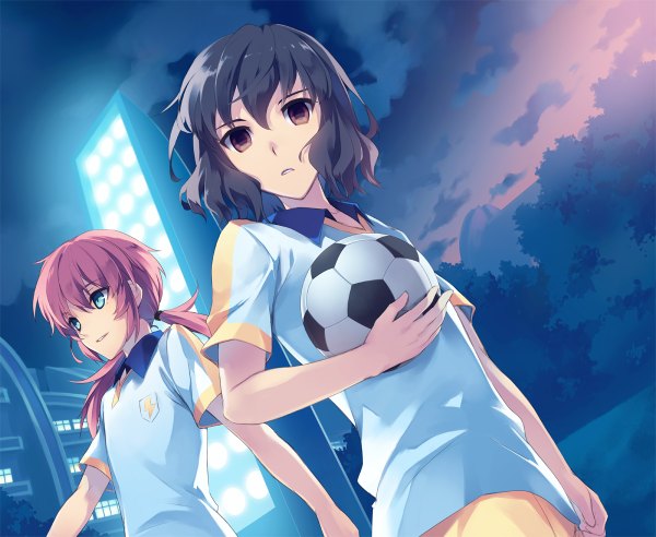 Anime picture 1200x984 with inazuma eleven inazuma eleven go kirino ranmaru shindou takuto tousaki umiko long hair short hair open mouth blue eyes black hair brown hair twintails brown eyes pink hair cloud (clouds) outdoors multiple boys low twintails twilight football