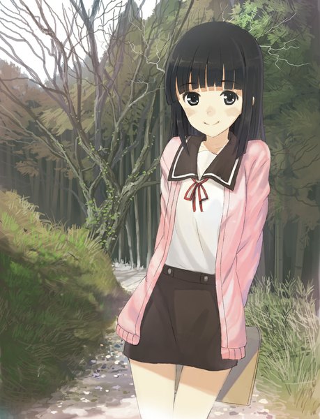 Anime picture 765x1000 with tamayura sakurada maon hirokiku single tall image looking at viewer blush fringe short hair black hair smile hands behind back girl plant (plants) tree (trees) serafuku sweater grass forest