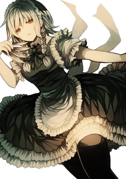 Anime picture 1395x1973 with touhou izayoi sakuya wiriam07 single long hair tall image looking at viewer fringe open mouth hair between eyes holding brown eyes white hair braid (braids) short sleeves maid dutch angle twin braids walking girl