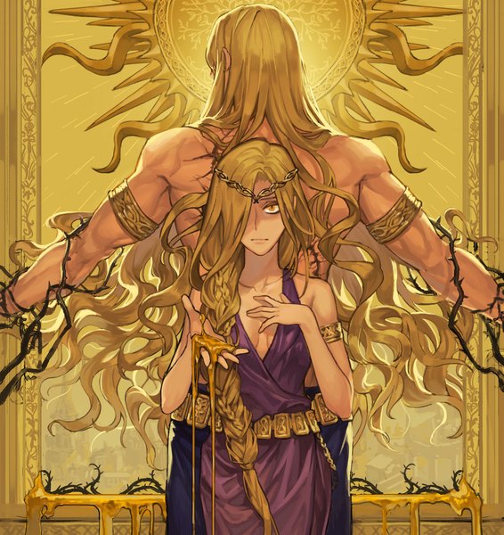 Anime picture 2836x3007 with elden ring queen marika the eternal godwyn the golden kkomcce long hair tall image looking at viewer fringe highres blonde hair standing bare shoulders yellow eyes braid (braids) hair over one eye single braid wavy hair spread arms back to back girl