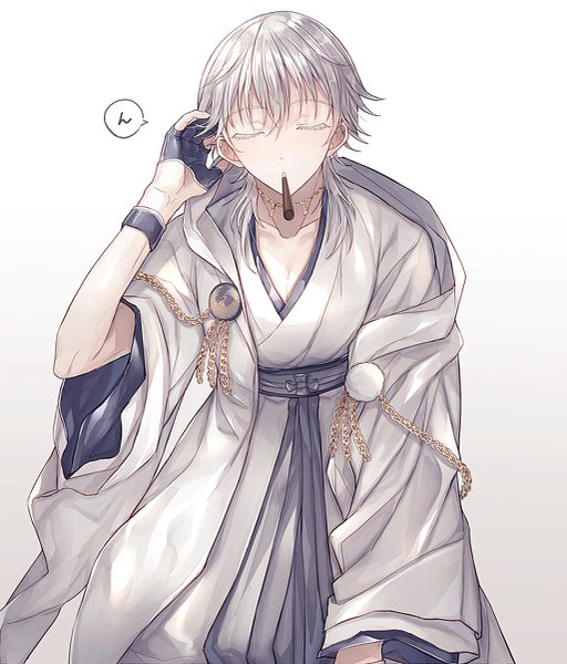 Anime picture 1025x1200 with touken ranbu nitroplus tsurumaru kuninaga abandon ranka single long hair tall image fringe simple background hair between eyes holding silver hair eyes closed traditional clothes japanese clothes gradient background mouth hold adjusting hair incoming pocky kiss boy