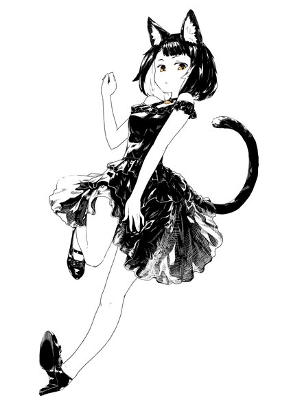 Anime picture 1000x1414 with original jaco single tall image fringe short hair simple background white background bare shoulders animal ears yellow eyes looking away full body bent knee (knees) tail blunt bangs animal tail cat ears from below cat girl