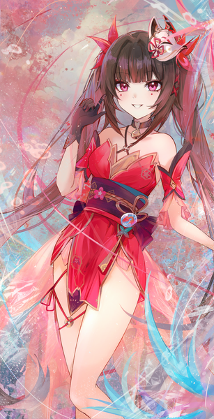 Anime picture 1520x2969 with honkai: star rail honkai (series) sparkle (honkai: star rail) onmoynn single long hair tall image fringe smile brown hair standing twintails bare shoulders payot looking away blunt bangs pink eyes grin facial mark mask on head