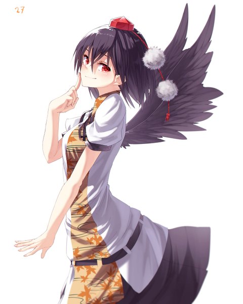 Anime picture 1200x1500 with touhou shameimaru aya ibuki notsu single tall image looking at viewer blush short hair black hair simple background red eyes white background black wings girl dress wings pom pom (clothes) tokin hat