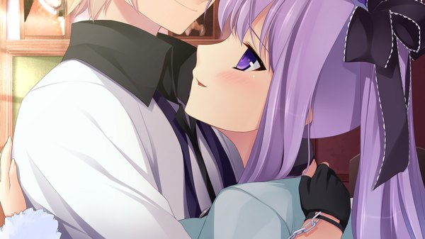 Anime picture 1280x720 with chuning lover tougetsuin aisu koso long hair wide image purple eyes twintails game cg purple hair couple hug girl ribbon (ribbons) hair ribbon