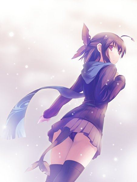 Anime picture 771x1022 with original nanakusa single tall image short hair light erotic red eyes brown hair tail looking back from below dutch angle pantyshot snowing winter half updo girl thighhighs skirt underwear