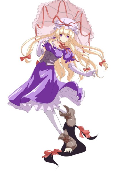 Anime picture 2480x3507 with touhou yakumo yukari sam ashton single long hair tall image highres blonde hair smile white background purple eyes girl dress ribbon (ribbons) bow shoes umbrella