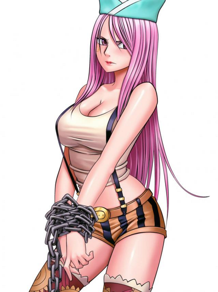 Anime picture 701x937 with one piece toei animation jewelry bonnie crimson comics bonten single long hair tall image blush fringe breasts light erotic simple background large breasts standing white background purple eyes bare shoulders looking away pink hair