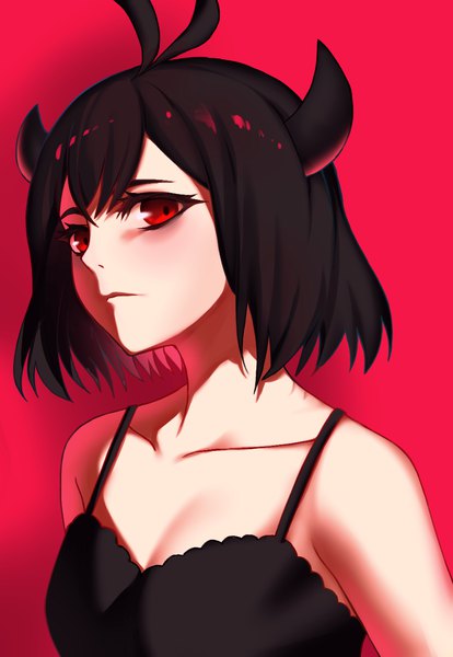 Anime picture 900x1305 with black clover studio pierrot secre swallowtail nana nan single tall image looking at viewer fringe short hair black hair simple background hair between eyes red eyes upper body ahoge horn (horns) sleeveless red background girl