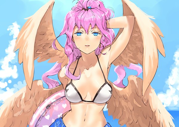 Anime picture 1160x820 with original jyon single long hair looking at viewer blush fringe breasts open mouth blue eyes pink hair sky ponytail bare belly hand on head angel wings multiple wings girl navel wings