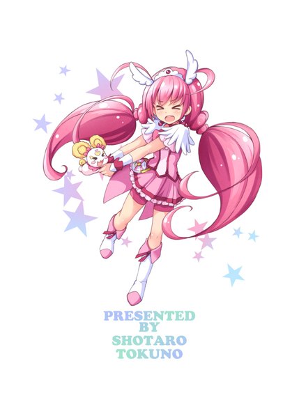Anime picture 722x1010 with precure smile precure! toei animation hoshizora miyuki cure happy candy (smile precure!) tokunou shoutarou single tall image blush fringe open mouth simple background white background twintails signed pink hair full body ahoge very long hair