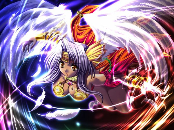 Anime picture 1024x768 with kegaretaeiyu (game) long hair breasts light erotic large breasts yellow eyes game cg purple hair flying girl wings jewelry feather (feathers)