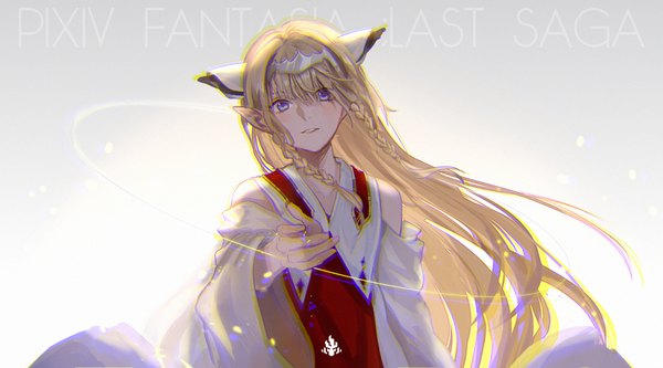 Anime picture 1600x890 with original pixiv fantasia pixiv fantasia last saga achyue single long hair looking at viewer fringe blue eyes simple background blonde hair smile hair between eyes wide image bare shoulders animal ears upper body braid (braids) traditional clothes parted lips