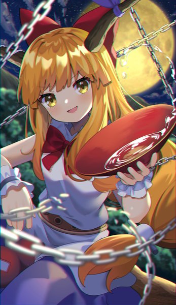 Anime picture 3391x5862 with touhou ibuki suika yuujin (yuzinn333) single long hair tall image looking at viewer highres open mouth blonde hair sitting yellow eyes absurdres :d horn (horns) girl bow hair bow moon chain