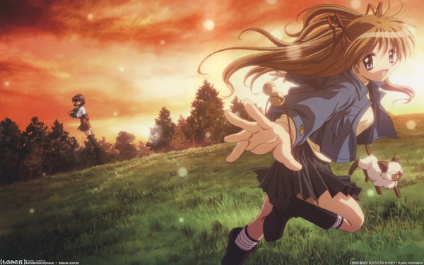 Anime picture 2560x1600 with kanon megatokyo key (studio) sawatari makoto piro amano mishio highres open mouth brown hair wide image purple eyes multiple girls signed outdoors :d pleated skirt wallpaper spread arms solo focus running
