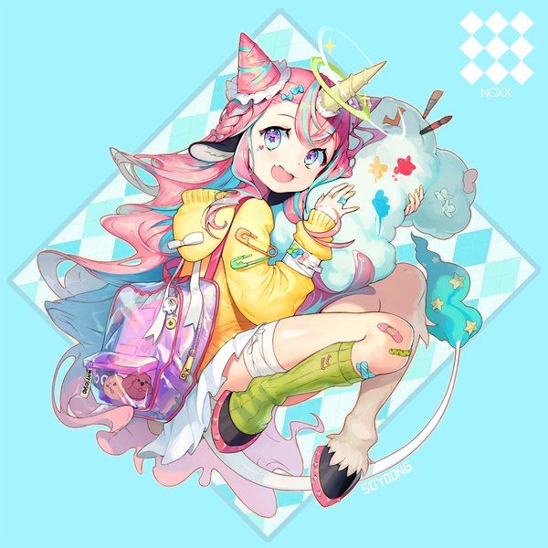 Anime picture 1400x1400 with original soyoong jun single looking at viewer open mouth animal ears pink hair full body tail very long hair :d animal tail multicolored hair horn (horns) two-tone hair hair bun (hair buns) symbol-shaped pupils blue background multicolored eyes bandaid on leg