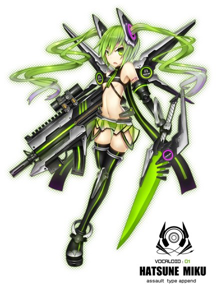 Anime picture 1250x1727 with vocaloid hatsune miku gia single long hair tall image twintails bare shoulders green eyes green hair inscription midriff tattoo girl thighhighs gloves navel weapon black thighhighs sword