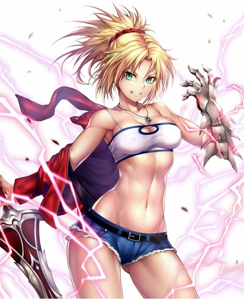 Anime picture 1500x1833 with fate (series) fate/grand order mordred (fate) nasaniliu single long hair tall image looking at viewer fringe breasts light erotic simple background blonde hair smile standing white background green eyes cleavage ponytail off shoulder