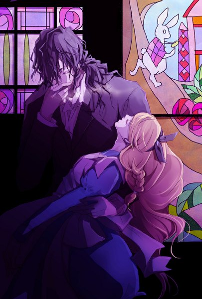 Anime picture 676x1000 with are you alice marianne (are you alice) mad hatter (are you alice) karasu (pixiv1592003) long hair tall image blonde hair holding ponytail braid (braids) eyes closed profile grey hair couple hug wavy hair smoke reclining girl dress