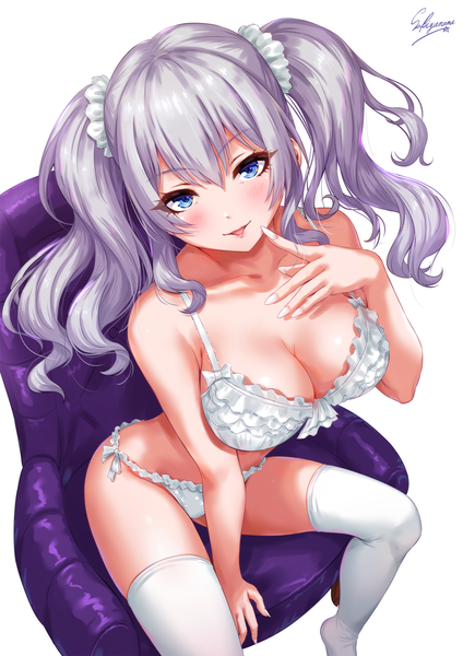 Anime picture 1200x1697 with kantai collection kashima training cruiser sakiyamama single long hair tall image looking at viewer blush fringe breasts open mouth blue eyes light erotic simple background hair between eyes large breasts white background sitting twintails bare shoulders