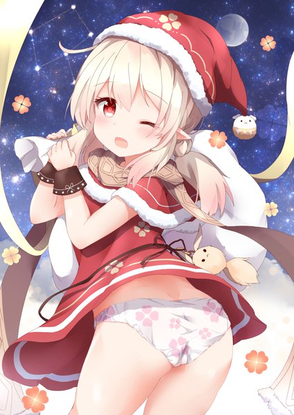 Anime picture 921x1300 with genshin impact klee (genshin impact) dodoco (genshin impact) tutsucha illust single long hair tall image looking at viewer open mouth light erotic blonde hair red eyes twintails ahoge ass one eye closed pointy ears wink low twintails christmas
