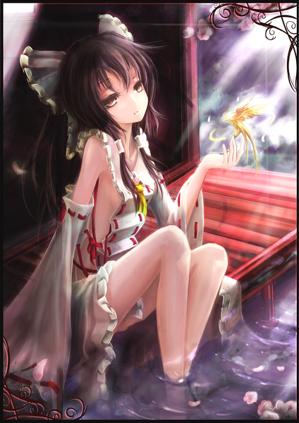 Anime picture 1058x1497 with touhou hakurei reimu wangchuan de quanyan single long hair tall image light erotic black hair red eyes sitting miko girl bow hair bow detached sleeves animal petals water frills bird (birds)