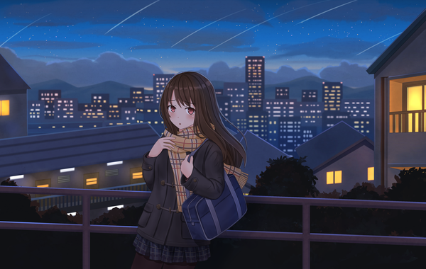 Anime picture 4026x2554 with original biako single long hair looking at viewer blush fringe highres open mouth red eyes brown hair standing holding payot absurdres cloud (clouds) outdoors long sleeves pleated skirt arm up